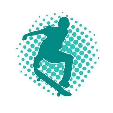 Hareket halindeki bir erkek silueti kaykay üzerinde poz veriyor. Kaykaylı bir şehir çocuğunun silueti..