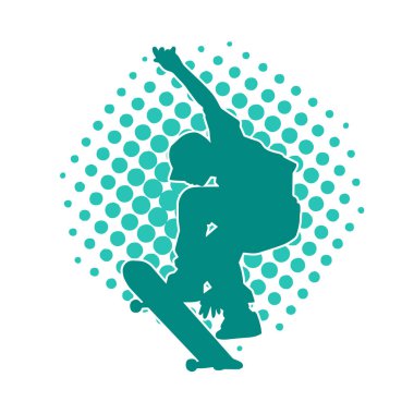 Hareket halindeki bir erkek silueti kaykay üzerinde poz veriyor. Kaykaylı bir şehir çocuğunun silueti..