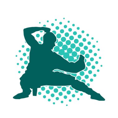 Doğu dövüş sanatı pozu veren bir adamın silueti. Dövüş sanatlarında bir erkeğin silueti..