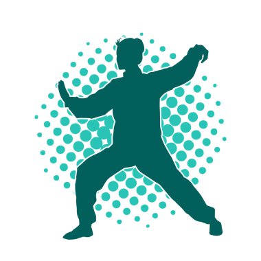 Doğu dövüş sanatı pozu vermiş bir kadının silueti. Dövüş sanatlarında bir kadının silueti..