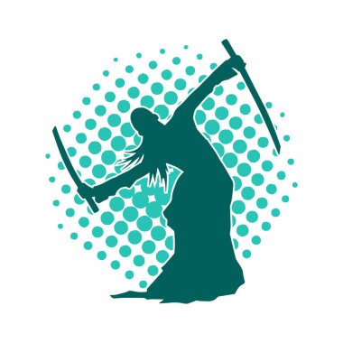 Bir kadın dövüşçünün silueti kılıç taşırken poz veriyor..