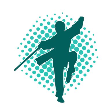 Bir kadın dövüşçünün silueti kılıç taşırken poz veriyor..