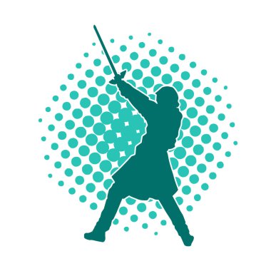 Savaş zırhı giymiş bir erkek savaşçının silueti. Kılıç ile poz veriyor..