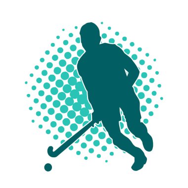 Erkek çim hokeyi atletinin silueti iş başında. Çim hokeyi oynayan bir adamın silueti..