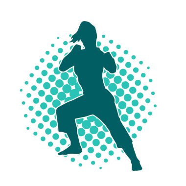 Doğu dövüş sanatı pozu vermiş bir kadının silueti. Dövüş sanatlarında bir kadının silueti..