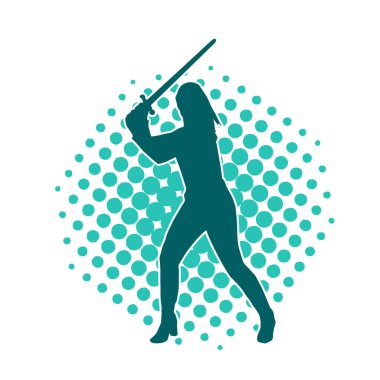 Bir kadın dövüşçünün silueti kılıç taşırken poz veriyor..