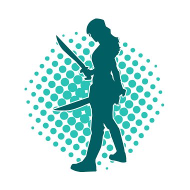 Bir kadın dövüşçünün silueti kılıç taşırken poz veriyor..