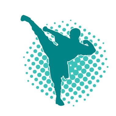 Dövüş sanatları pozu veren bir erkeğin silueti. Dövüş sanatları ustasının silueti tekme atma pozu veriyor..