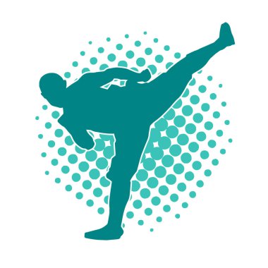 Dövüş sanatları pozu veren bir erkeğin silueti. Dövüş sanatları ustasının silueti tekme atma pozu veriyor..