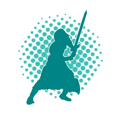 Bir kadın dövüşçünün silueti kılıç taşırken poz veriyor..