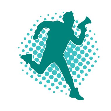 Elinde megafon aletleri taşıyan bir adamın silueti anons diye bağırıyor. Toplum sözcüsü veya pazarlama konsepti.