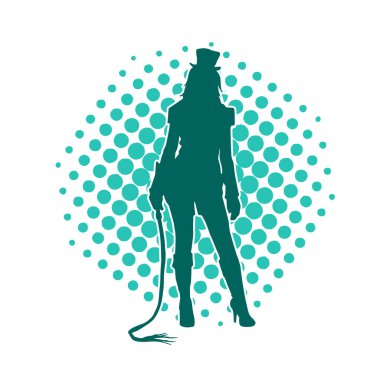 Şık kıyafetli, kırbaçla seksi poz veren bir kadın modelin silüeti..