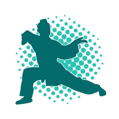 Kung fu 'nun silueti ya da Wushu dövüş sanatları sporcusu pozu. Kılıçlı bir erkek dövüş sanatının silueti..