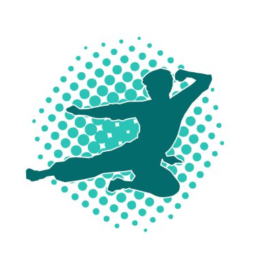 Dövüş sanatları pozu veren bir erkeğin silueti. Dövüş sanatları ustasının silueti tekme atma pozu veriyor..