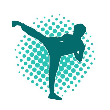 Dövüş sanatları pozu veren bir erkeğin silueti. Dövüş sanatları ustasının silueti tekme atma pozu veriyor..