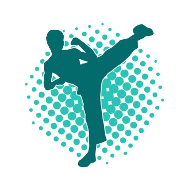 Dövüş sanatları pozu veren bir erkeğin silueti. Dövüş sanatları ustasının silueti tekme atma pozu veriyor..