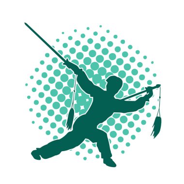 Kung fu 'nun silueti ya da Wushu dövüş sanatları sporcusu pozu. Kılıçlı bir erkek dövüş sanatının silueti..