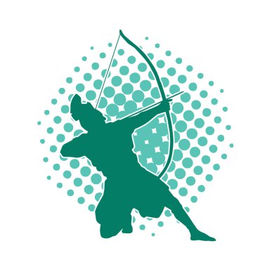 Hareketli erkek okçu savaşçısının silueti. Okçuluk silahı taşıyan bir adamın silueti..