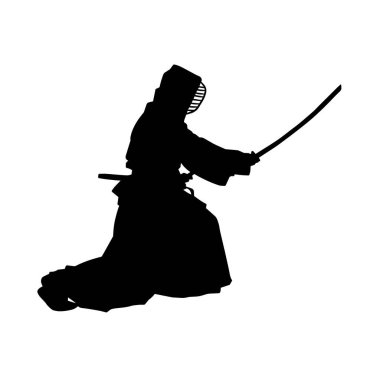 Harekete geçmiş bir kılıç savaşçısı silueti. Kılıç taşıyan bir dövüş sanatçısı silueti. Kendo dövüş sanatının silueti..