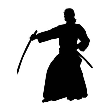Harekete geçmiş bir kılıç savaşçısı silueti. Kılıç taşıyan bir dövüş sanatçısı silueti. Kendo dövüş sanatının silueti..
