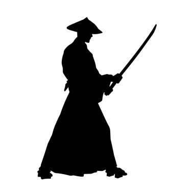 Kung fu 'nun silueti ya da Wushu dövüş sanatları sporcusu pozu. Kılıçlı bir erkek dövüş sanatının silueti..