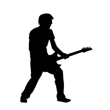 Elektro gitar çalan bir müzisyenin silueti. Bir erkek gitaristin silueti.