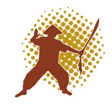 Kung fu 'nun silueti ya da Wushu dövüş sanatları sporcusu pozu. Kılıçlı bir erkek dövüş sanatının silueti..