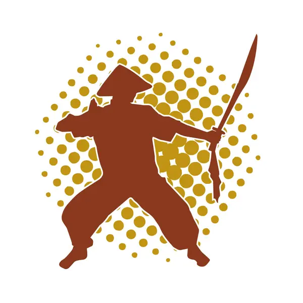 Silhouette of a kungfu or wushu martial art athlete in action pose. Silhouette of a male martial art person in pose with swords weapon.