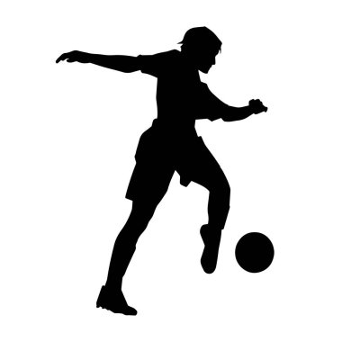 Topa vuran bayan futbolcunun silueti. Hareketli bir futbolcu kadının silueti..