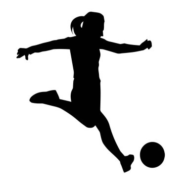 Topa vuran bayan futbolcunun silueti. Hareketli bir futbolcu kadının silueti..