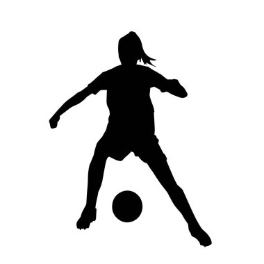Topa vuran bayan futbolcunun silueti. Hareketli bir futbolcu kadının silueti..