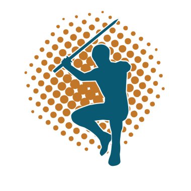 Bir erkek savaşçının silueti kılıçla poz veriyor. Kılıç taşıyan bir savaşçının silueti..