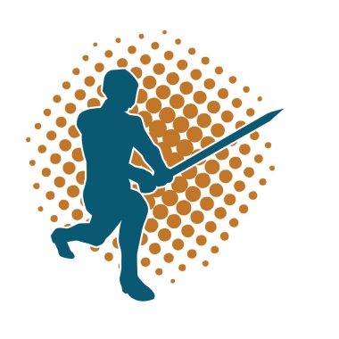 Bir erkek savaşçının silueti kılıçla poz veriyor. Kılıç taşıyan bir savaşçının silueti..