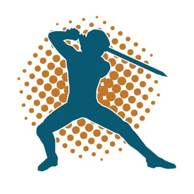 Bir erkek savaşçının silueti kılıçla poz veriyor. Kılıç taşıyan bir savaşçının silueti..