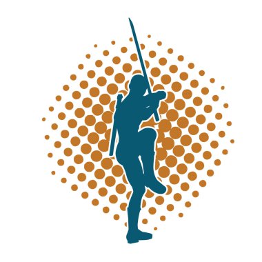 Bir erkek savaşçının silueti kılıçla poz veriyor. Kılıç taşıyan bir savaşçının silueti..