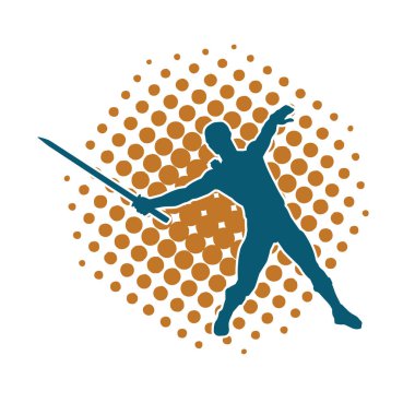 Bir erkek savaşçının silueti kılıçla poz veriyor. Kılıç taşıyan bir savaşçının silueti..