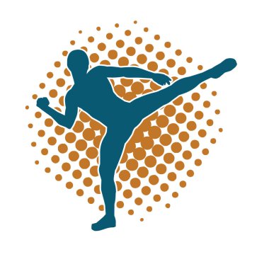 Dövüş sanatları pozu veren bir erkeğin silueti. Dövüş sanatları ustasının silueti tekme atma pozu veriyor..