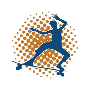 Hareket halindeki bir erkek silueti kaykay üzerinde poz veriyor. Kaykaylı bir şehir çocuğunun silueti..