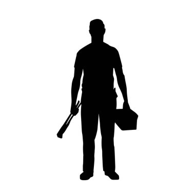 İnşaat işçisi kostümlü bir adamın silueti. İnşaat işçisinin silueti pozda.. 