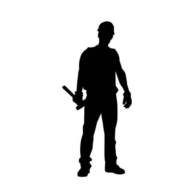 Çekiç aleti taşıyan bir işçinin silüeti. Hareket halindeki bir işçinin silueti çekiç aleti ile poz verir.