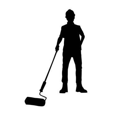 Boya işi yapan bir erkek işçinin silüeti. Bir iç ressamın silueti..