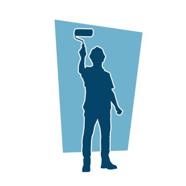 Boya işi yapan bir erkek işçinin silüeti. Bir iç ressamın silueti..