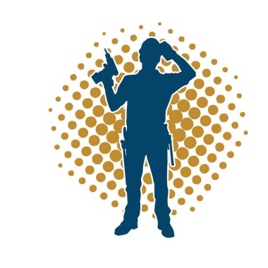 Matkap aletleri taşıyan inşaat işçisi kostümlü bir adamın silueti. İnşaat işçisi erkek silueti elektrikli matkapla hareket halinde poz veriyor. 