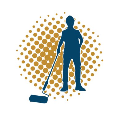 Boya işi yapan bir erkek işçinin silüeti. Bir iç ressamın silueti..