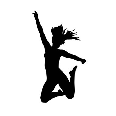 Mutlu bir kadının silueti atlama pozu. Bir kız modelin silueti sıçrar.