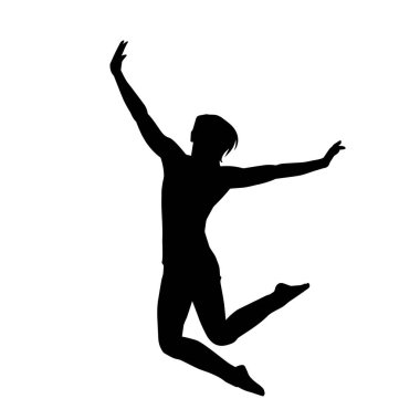 Mutlu bir kadının silueti atlama pozu. Bir kız modelin silueti sıçrar.