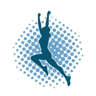 Mutlu bir kadının silueti atlama pozu. Bir kız modelin silueti sıçrar.