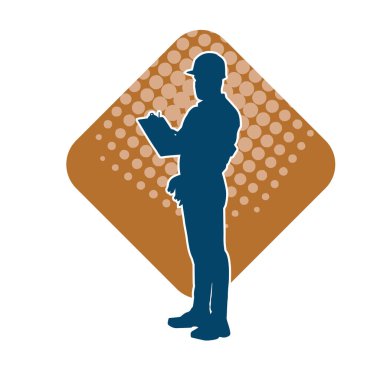 İnşaat işçisi kostümlü bir adamın silueti. İnşaat işçisinin silueti pozda.. 