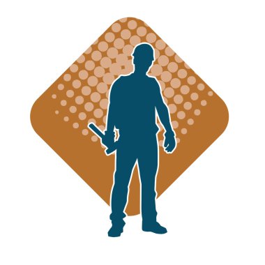 Çekiç aleti taşıyan bir işçinin silüeti. Hareket halindeki bir işçinin silueti çekiç aleti ile poz verir.