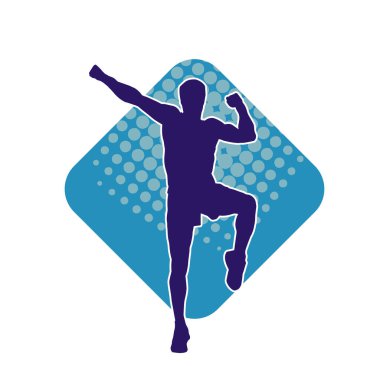 Sportif bir erkeğin silueti spor salonunda poz veriyor. Aerobik yapan zayıf bir adamın silueti..